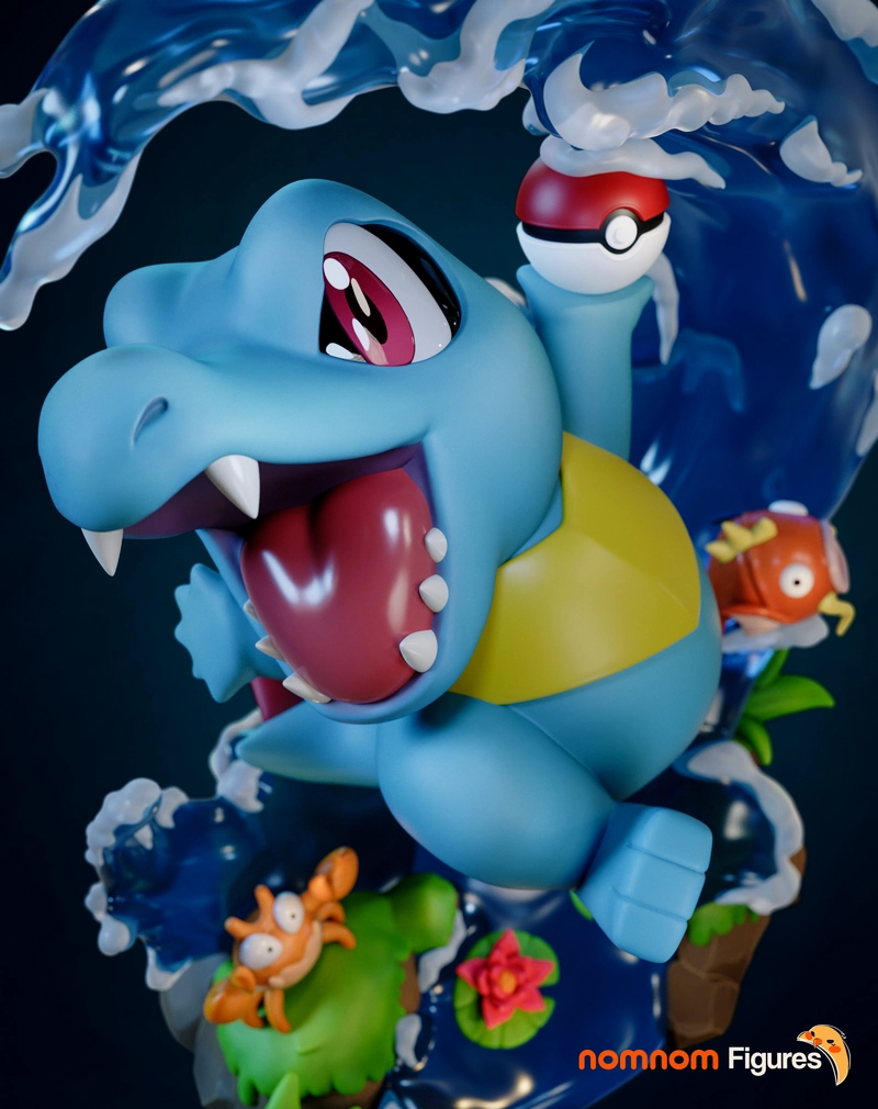 Totodile Pokémon figure with water effects, yellow belly, and open toothy mouth
