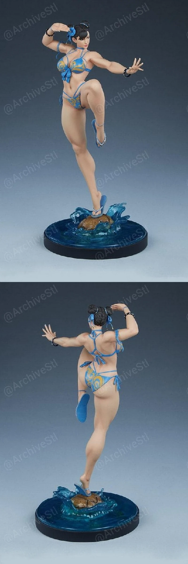 Chun-Li Street Fighter figure in a blue beach outfit on a wave base