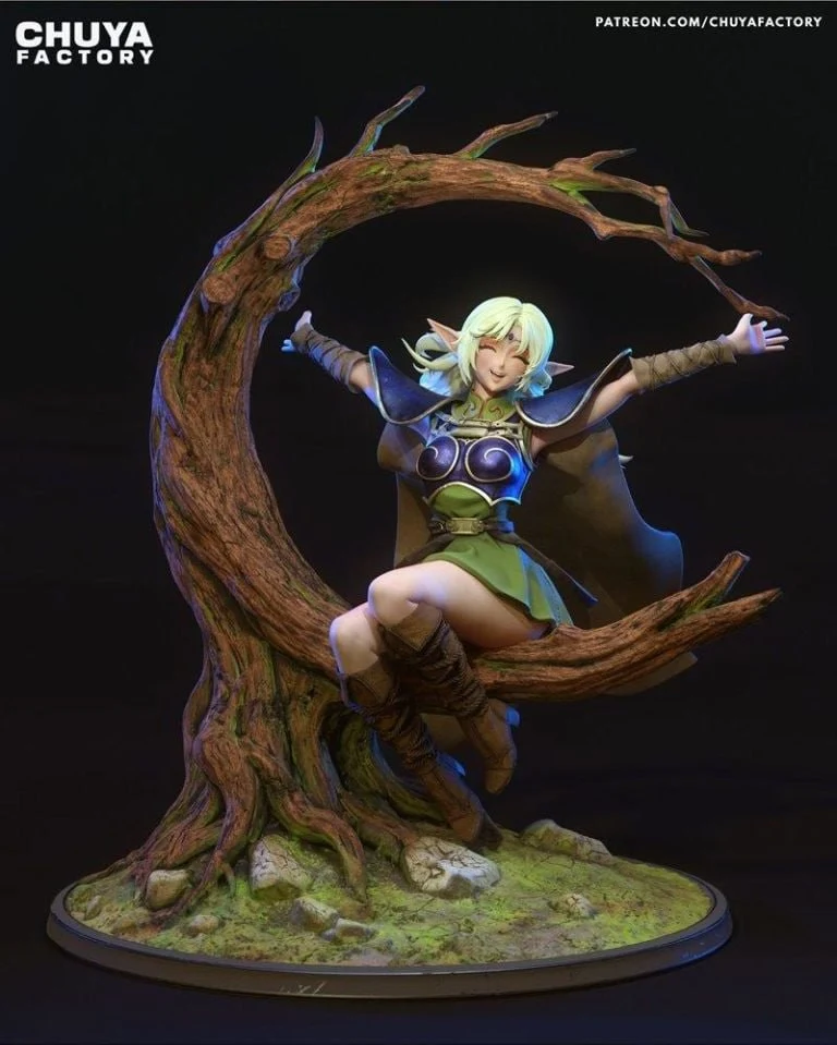 Deedlit elf figure seated in a curved tree with a round display base