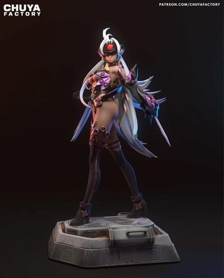 T-elos Xenosaga character statue with long hair and armor on a display base
