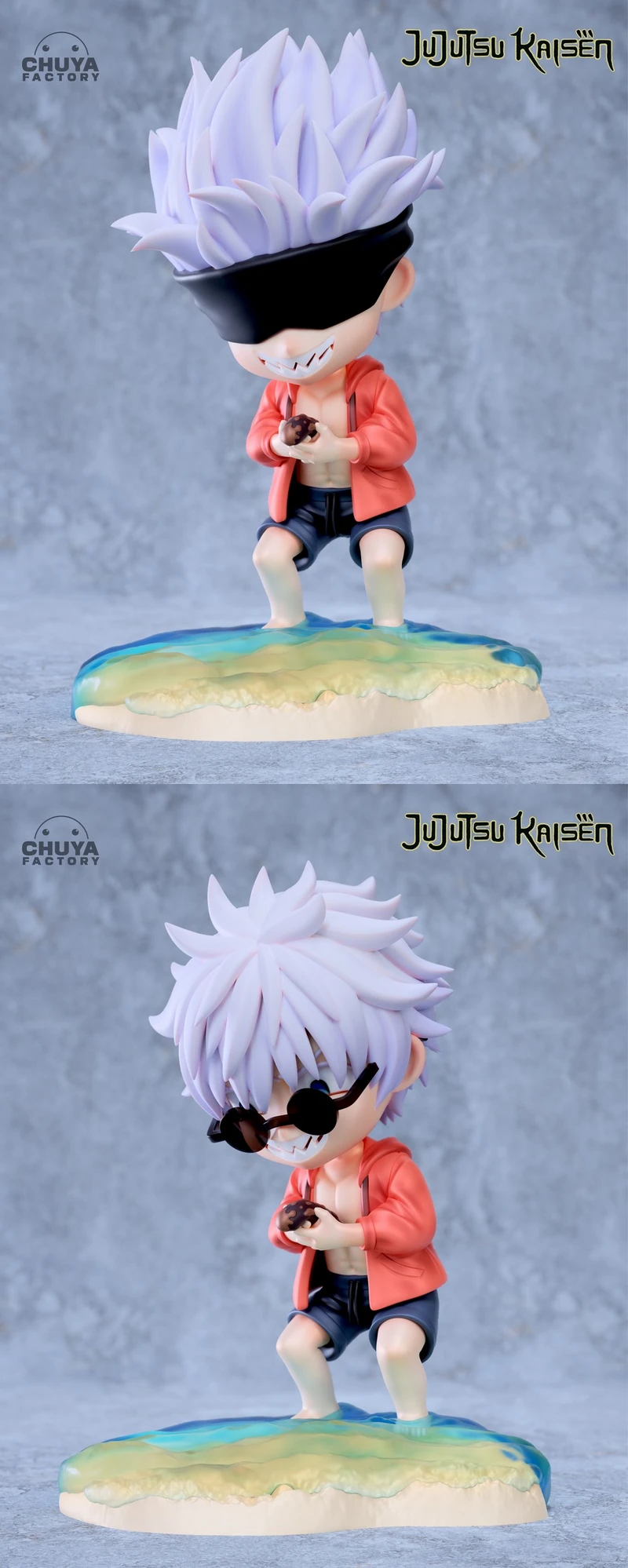 Gojo chibi figure with spiky white hair, black eye covering, red jacket, and stylized water base