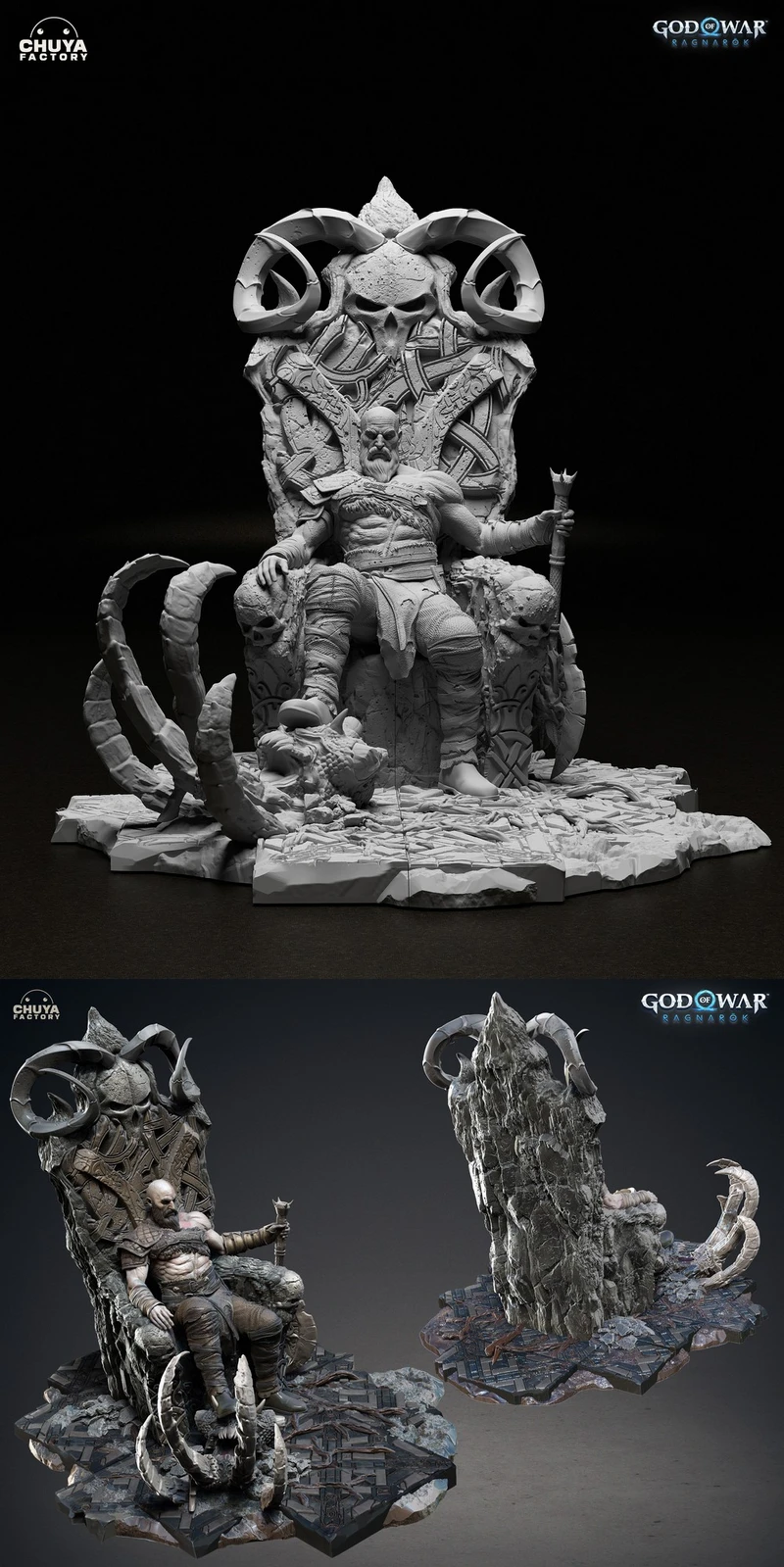 Kratos from God of War seated on a horned throne with a staff and rocky display base