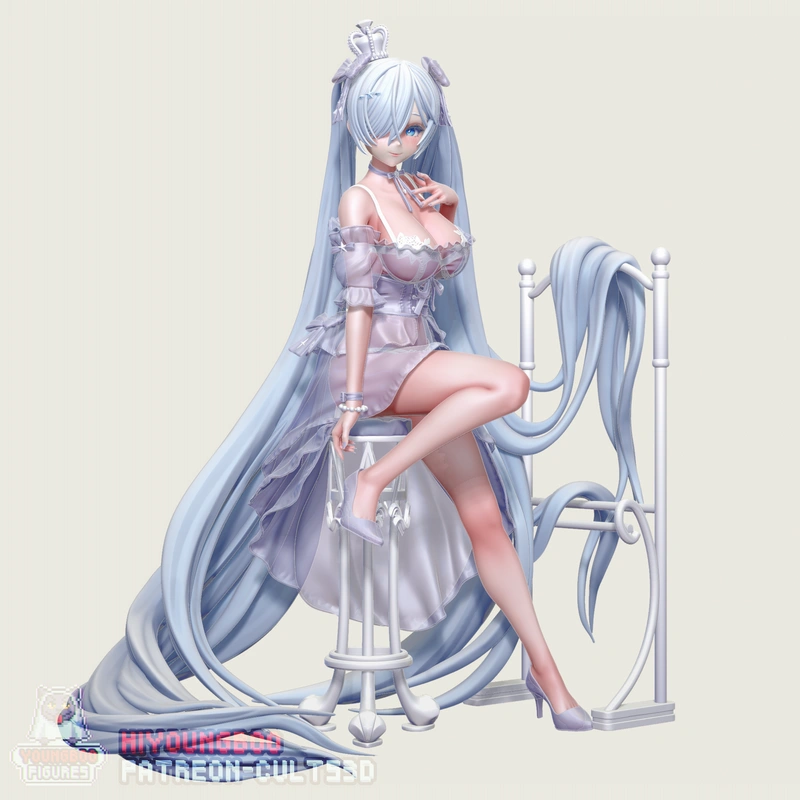 Anime-styled Cinderella figure seated on an ornate chair with flowing pale hair