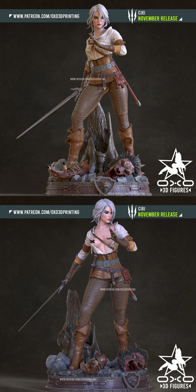 Ciri from The Witcher standing with a sword on a creature-themed fantasy base