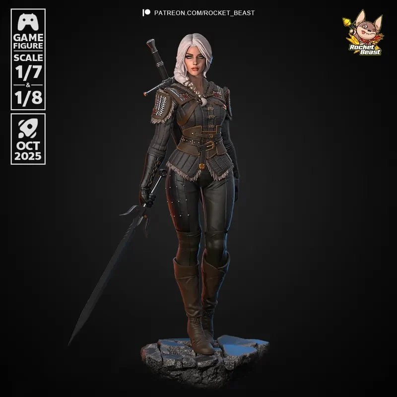Ciri from The Witcher standing with a sword on a rocky base