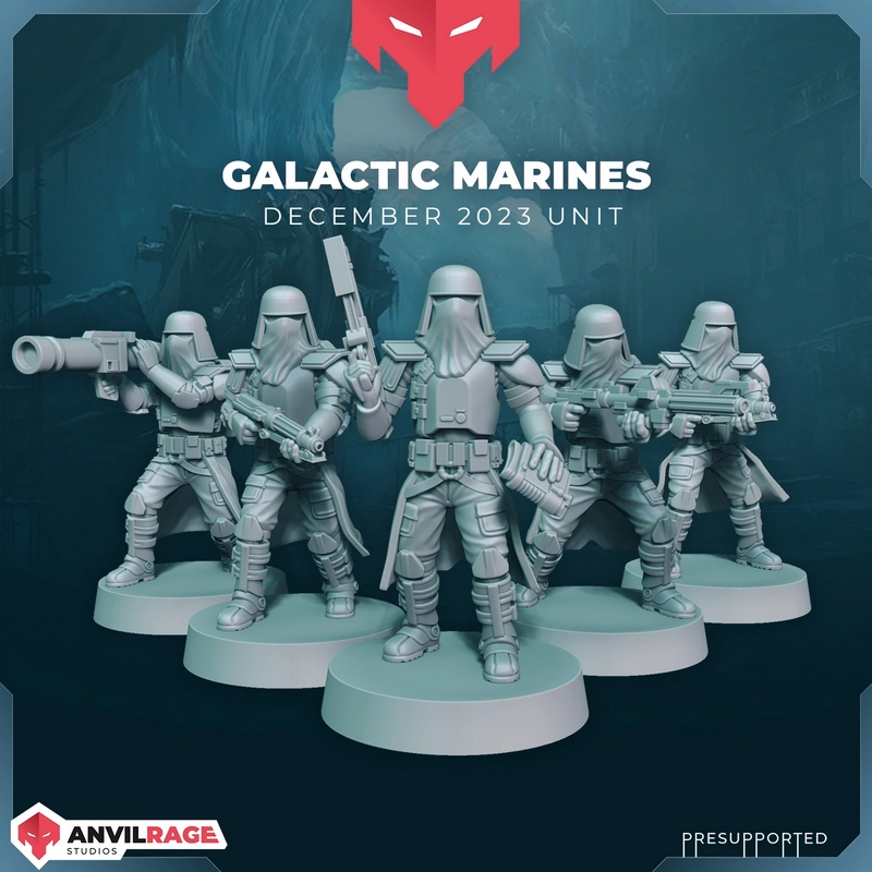 Five armored Star Wars Clone Trooper figures with weapons on round bases