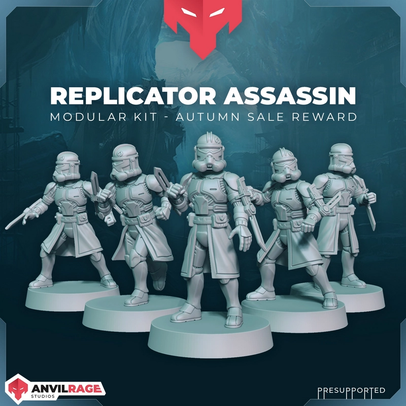 Five armored Star Wars Clone Trooper Assassin figures on round display bases