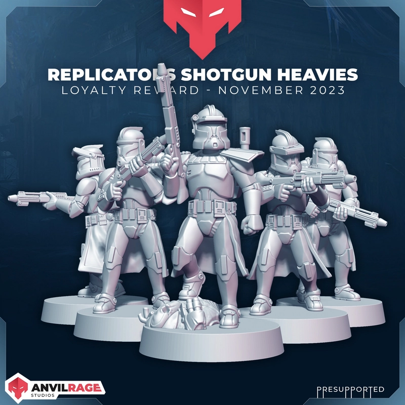 Five armored Clone Trooper Shotgunners with heavy blaster weapons on round bases