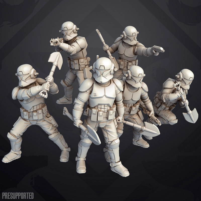 Six armored Star Wars clone troopers in varied action poses