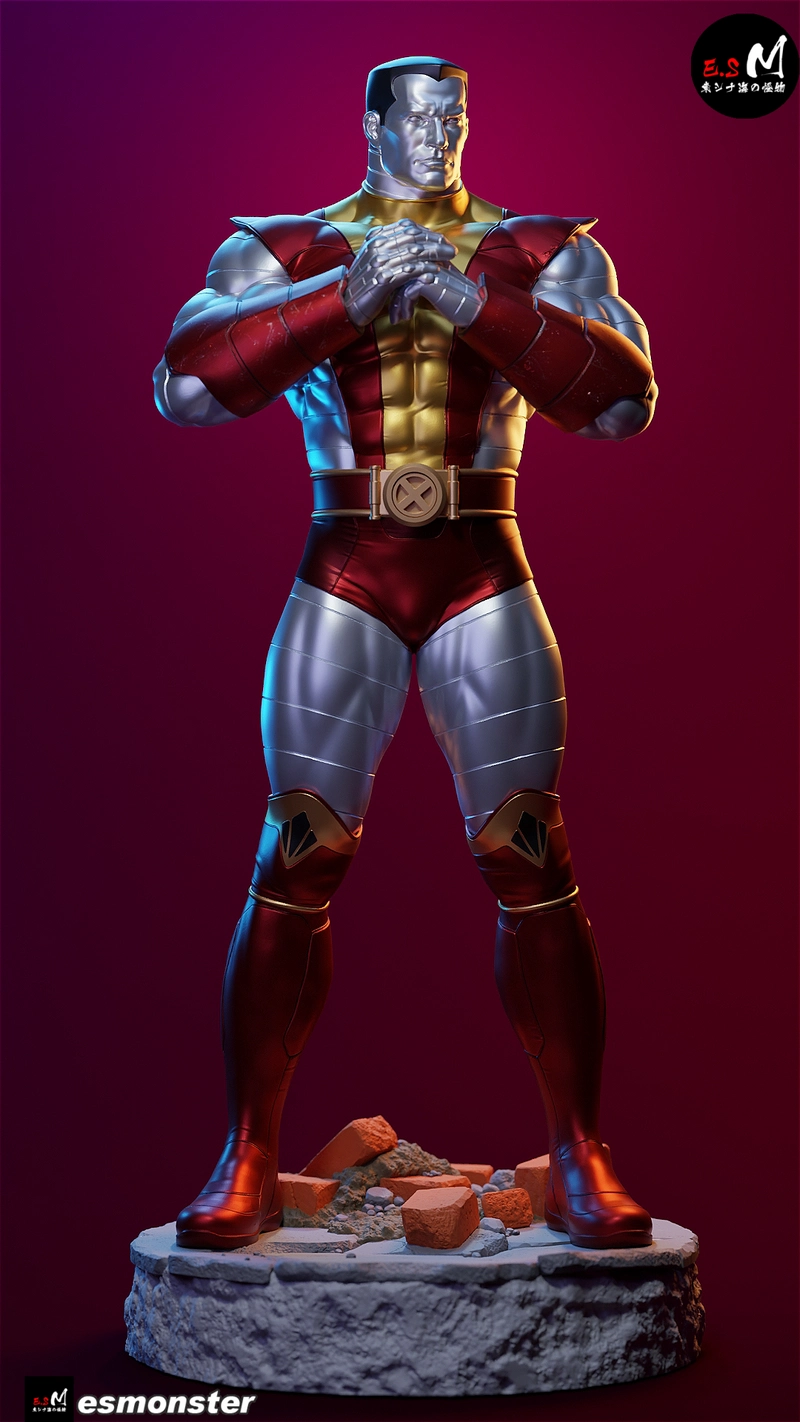 Marvel Colossus full-body 3D figure in red-and-gold uniform on a rubble base