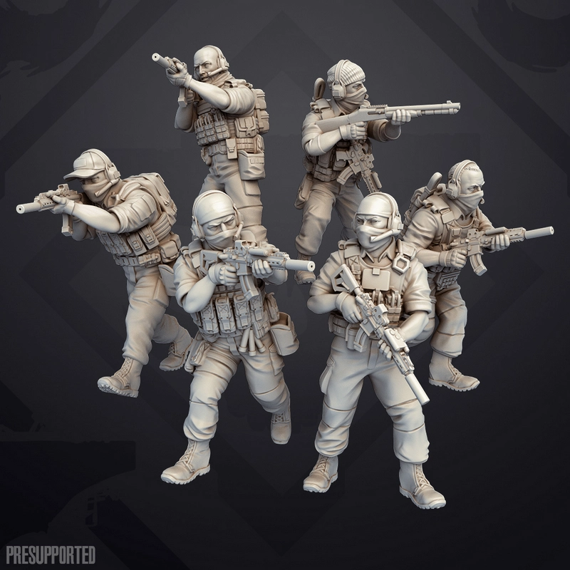 Six masked Star Wars-inspired mercenary figures in tactical gear holding rifles