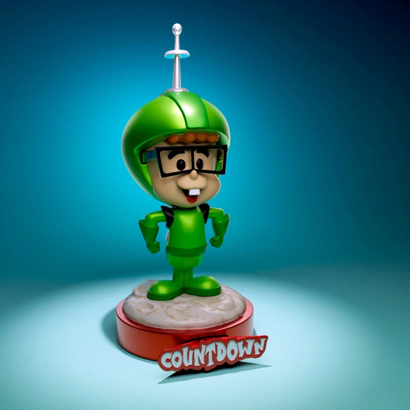 Green-helmeted Countdown character figure with glasses on a round display base