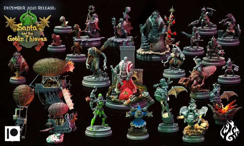 Santa, goblin thieves, fantasy creatures, and airship miniatures on display bases