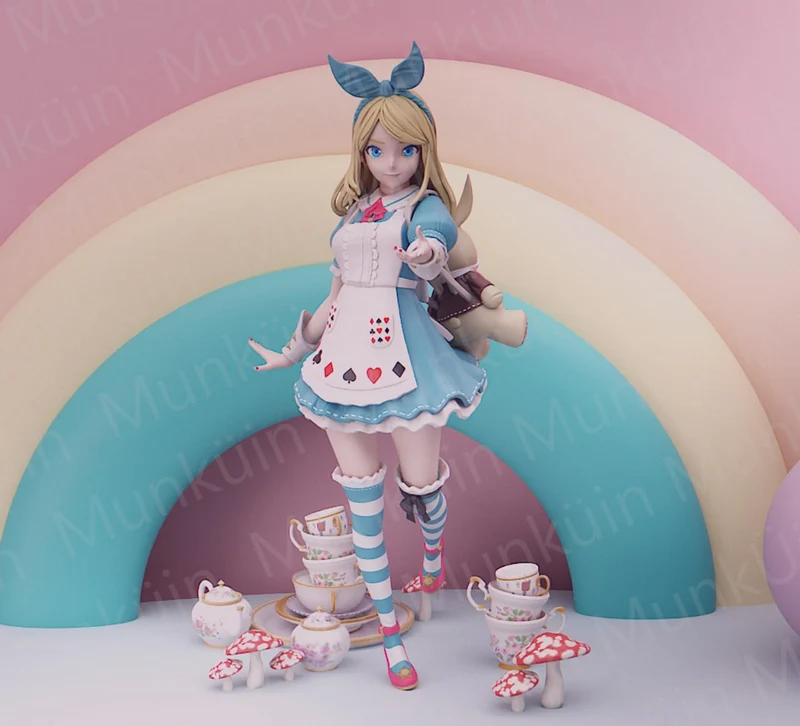 Stylized Alice in Wonderland figure with tea cups and mushrooms