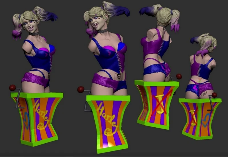 Harley Quinn bust with twin ponytails on a colorful striped display base