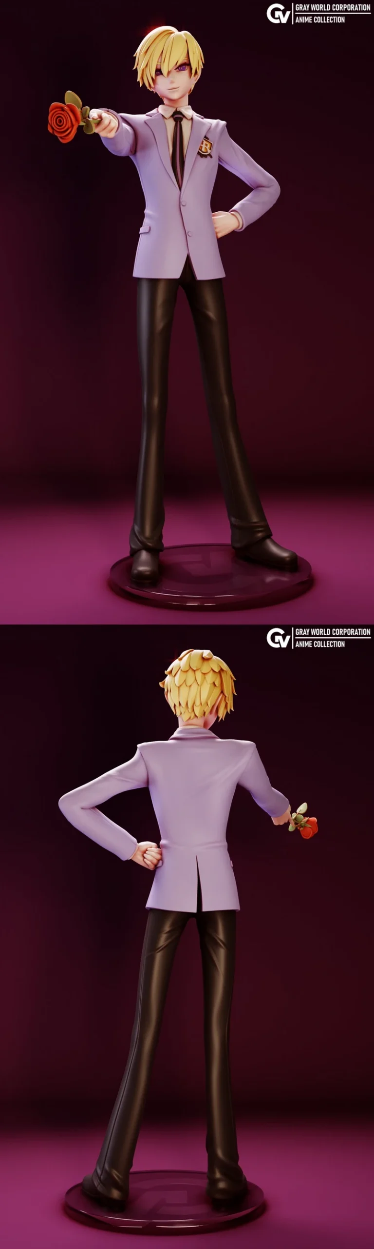 Tamaki Suoh figure in a lavender suit holding a red rose