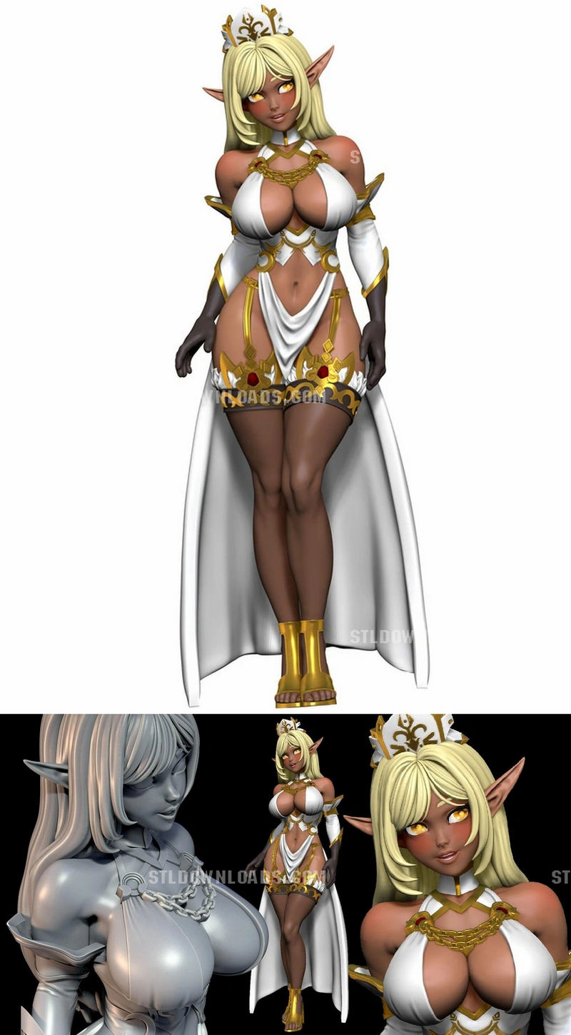 Full-body fantasy elf figure with pointed ears, ornate white and gold costume, crown and flowing cape