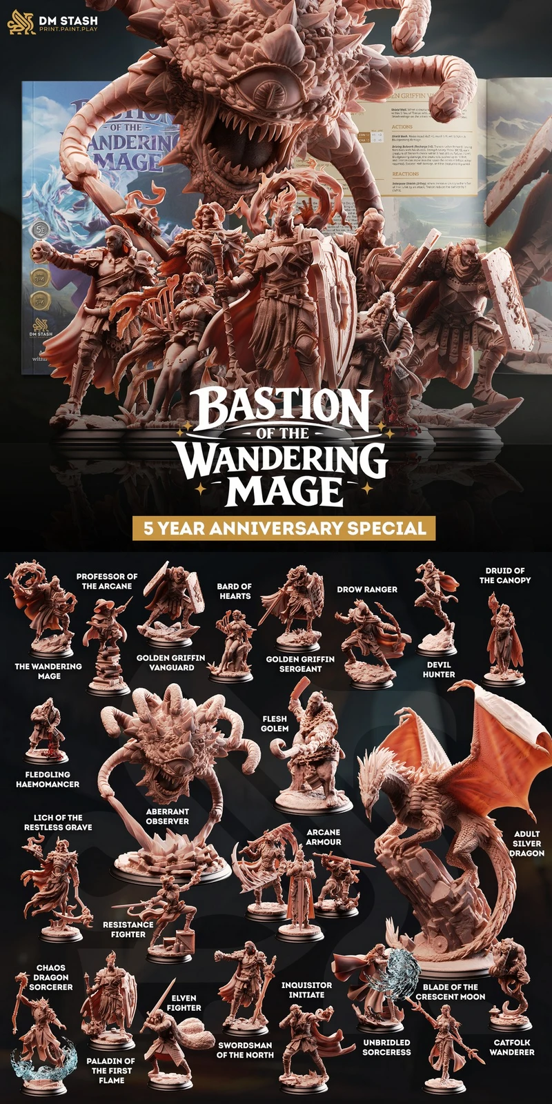 Fantasy miniature collection with a mage, adventurers, dragons, and monsters