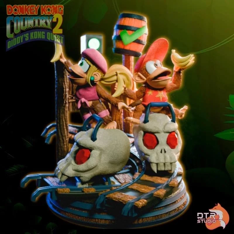 Donkey Kong-inspired diorama with cartoon apes, skull mine carts, rails, and a barrel
