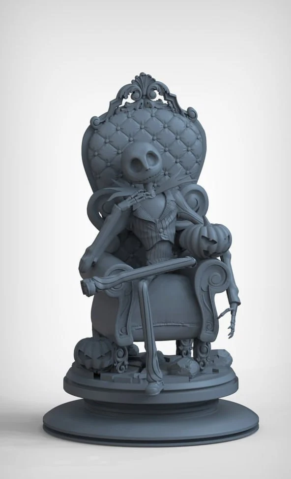Jack Skellington seated in an ornate chair with pumpkins and a display base