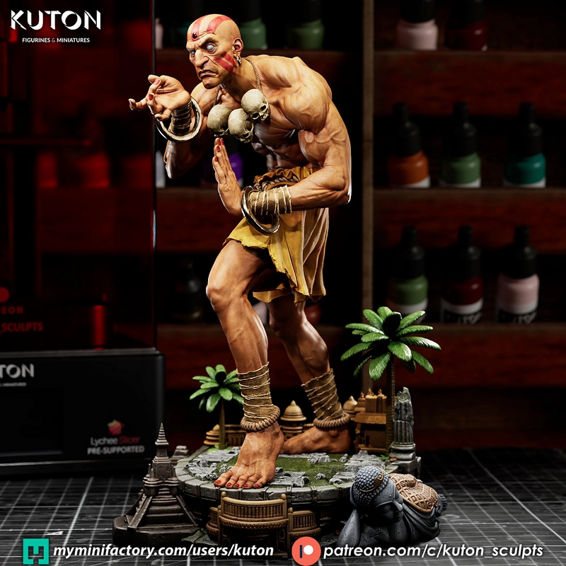 Dhalsim Street Fighter statue in a martial arts pose on a detailed display base