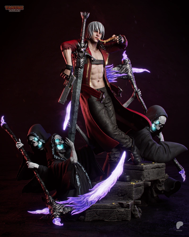Dante from Devil May Cry with weapons, skull-faced figures, and purple effects