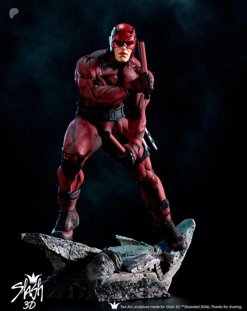 Daredevil Marvel statue in a red suit holding batons on a broken base