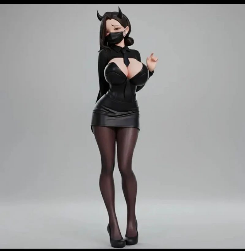 Original fantasy demon girl 3D figure with horns, dark hair, and black outfit