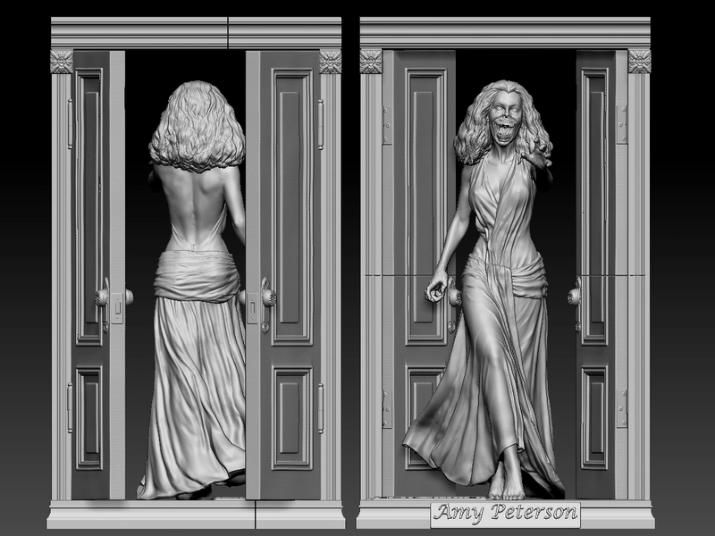 Amy Peterson original character statue with a grotesque face, flowing dress, and decorative doorway frame