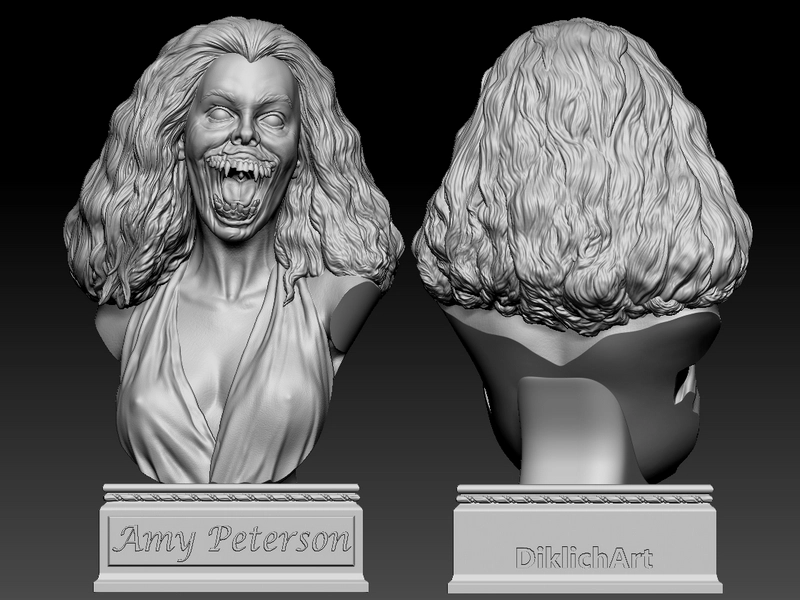 Amy horror bust with wild hair, blank eyes, sharp teeth, and an ornamental display base
