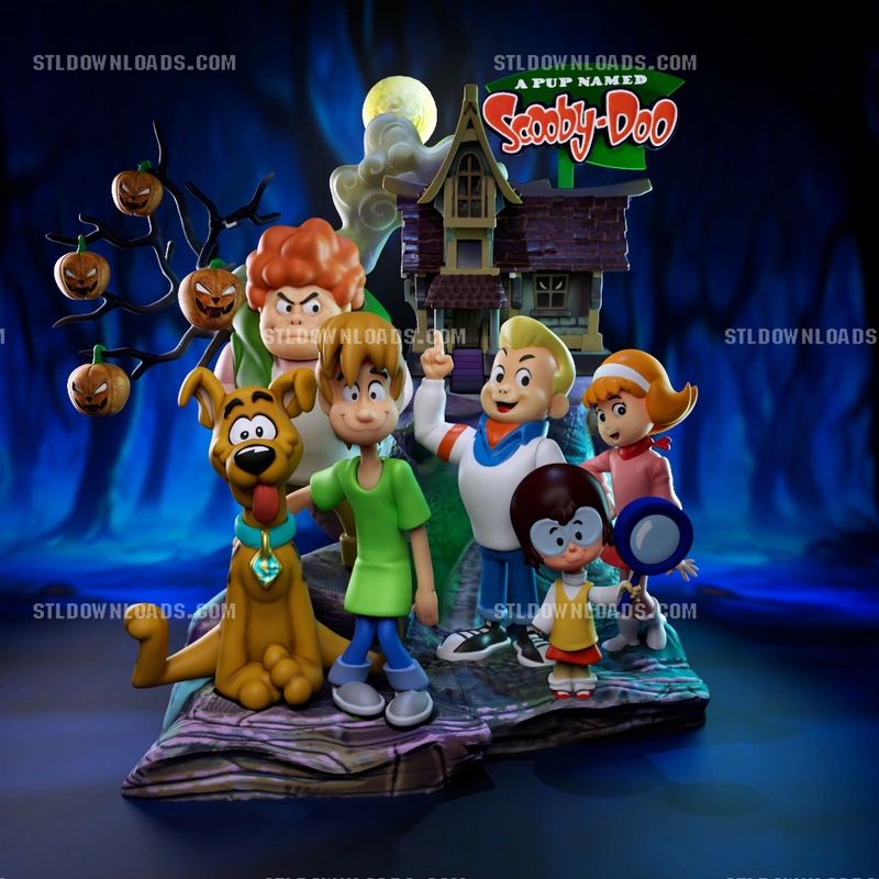 Scooby-Doo fan-art diorama with Mystery Inc., haunted house, pumpkins, and rocky display base