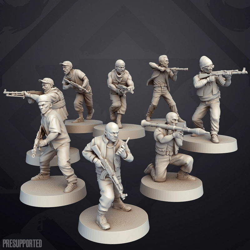 PMN Soldiers from District 9 in varied combat poses on display bases