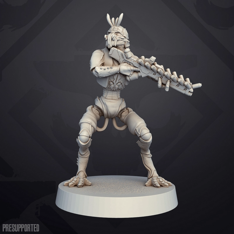 Prawn Engineer from District 9 holding a large rifle on a display base