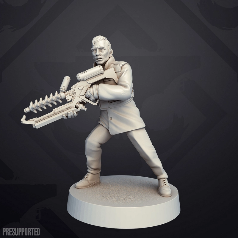Wikus van de Merwe from District 9 holding a detailed sci-fi weapon on a round display base