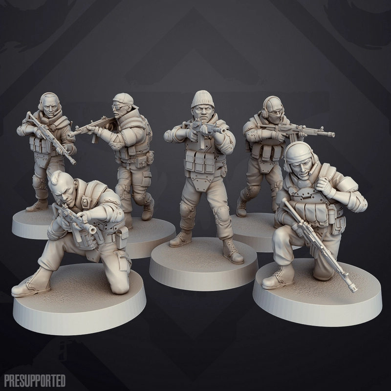 Six MNU Security Force soldiers from District 9 with rifles on round display bases