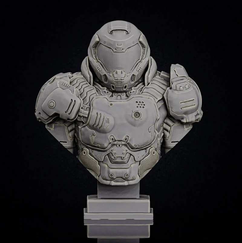 Doom Slayer armored bust with helmet, shoulder plates, and tiered display base