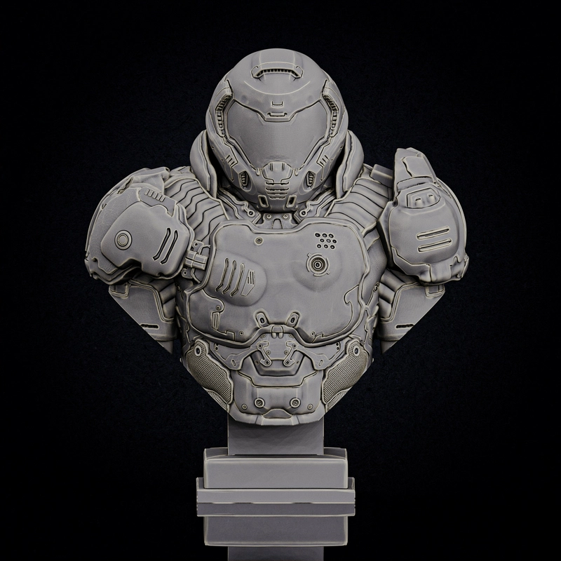 Doom Slayer armored bust with helmet, chest armor, shoulder plates, and display base