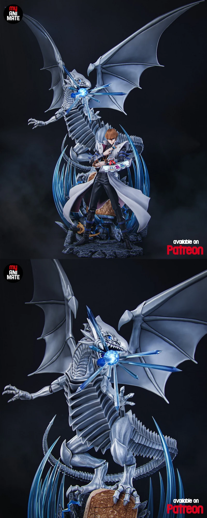 Blue-Eyes White Dragon skeletal statue with Seto Kaiba and spread wings