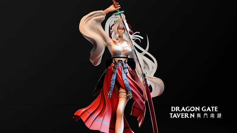 Hiyuki from Wuthering Waves holding a sword in a flowing red outfit