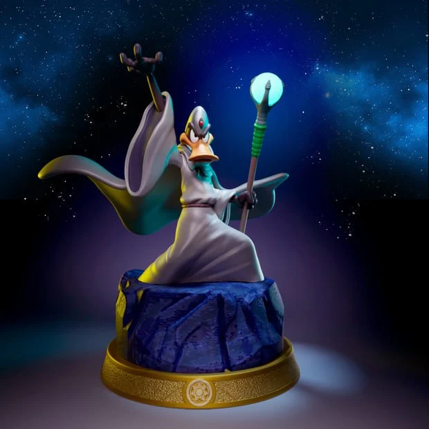 Duffy Duck dressed as a wizard with a cape, staff and rocky display base