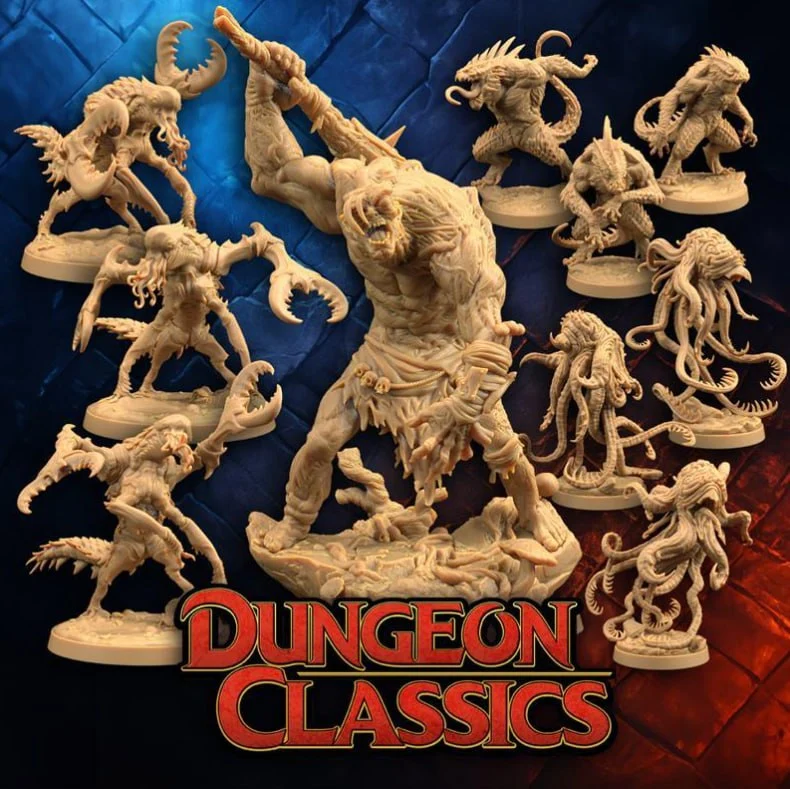 Original fantasy creature miniatures with horns, claws, and tentacles on round bases