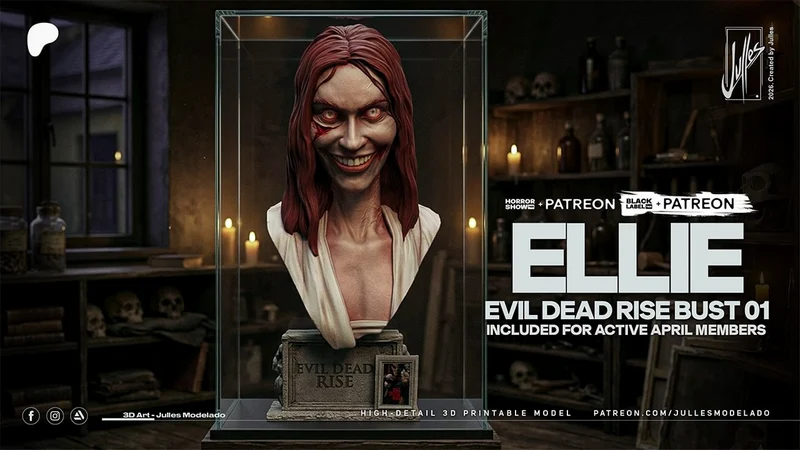 Ellie Evil Dead Rise horror character bust with red hair and a sinister grin