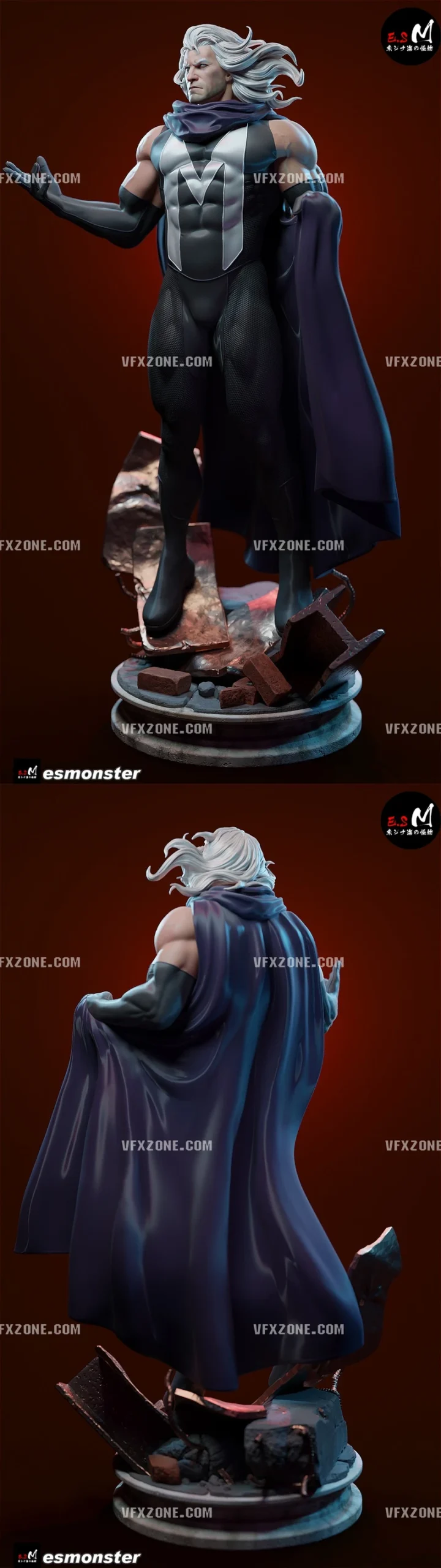 Magneto Marvel character statue with white hair, purple cape, and M chest emblem