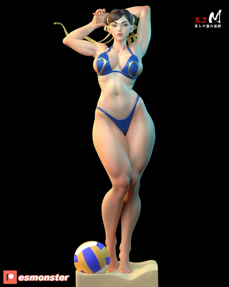 Chun-Li Street Fighter figure in a blue outfit standing beside a striped ball