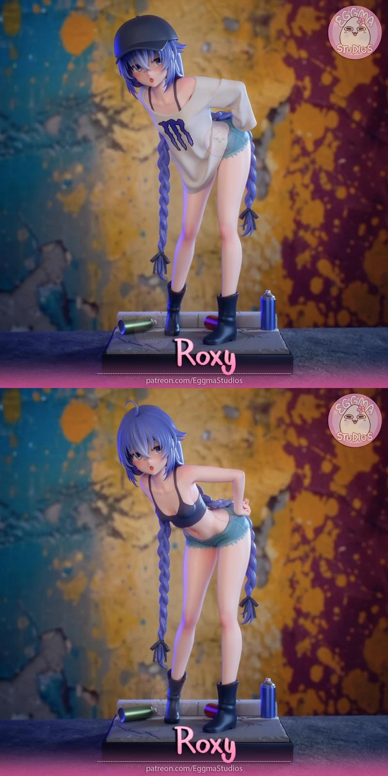 Roxy Migurdia 3D character figure with lavender braids, cap, boots, and display base