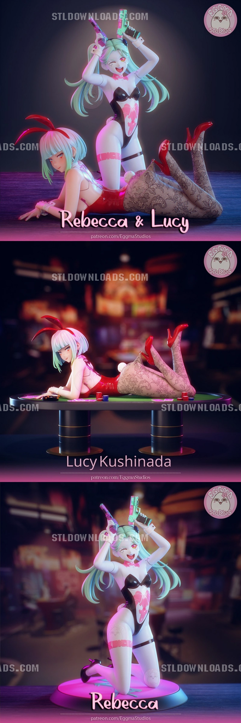 Rebecca from Cyberpunk: Edgerunners with colorful pistols; Lucy appears in additional renders