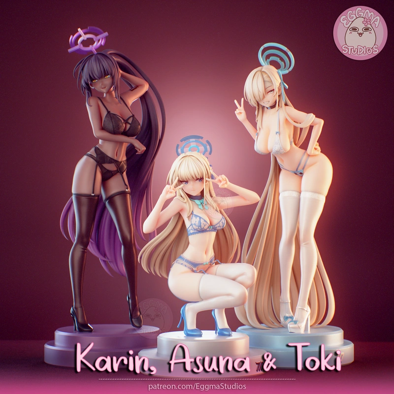 Three anime character figures labeled Karin, Asuna and Toki on round display bases