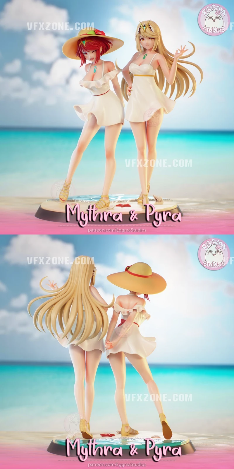 Mythra and Pyra character figures in white beach outfits on a display base