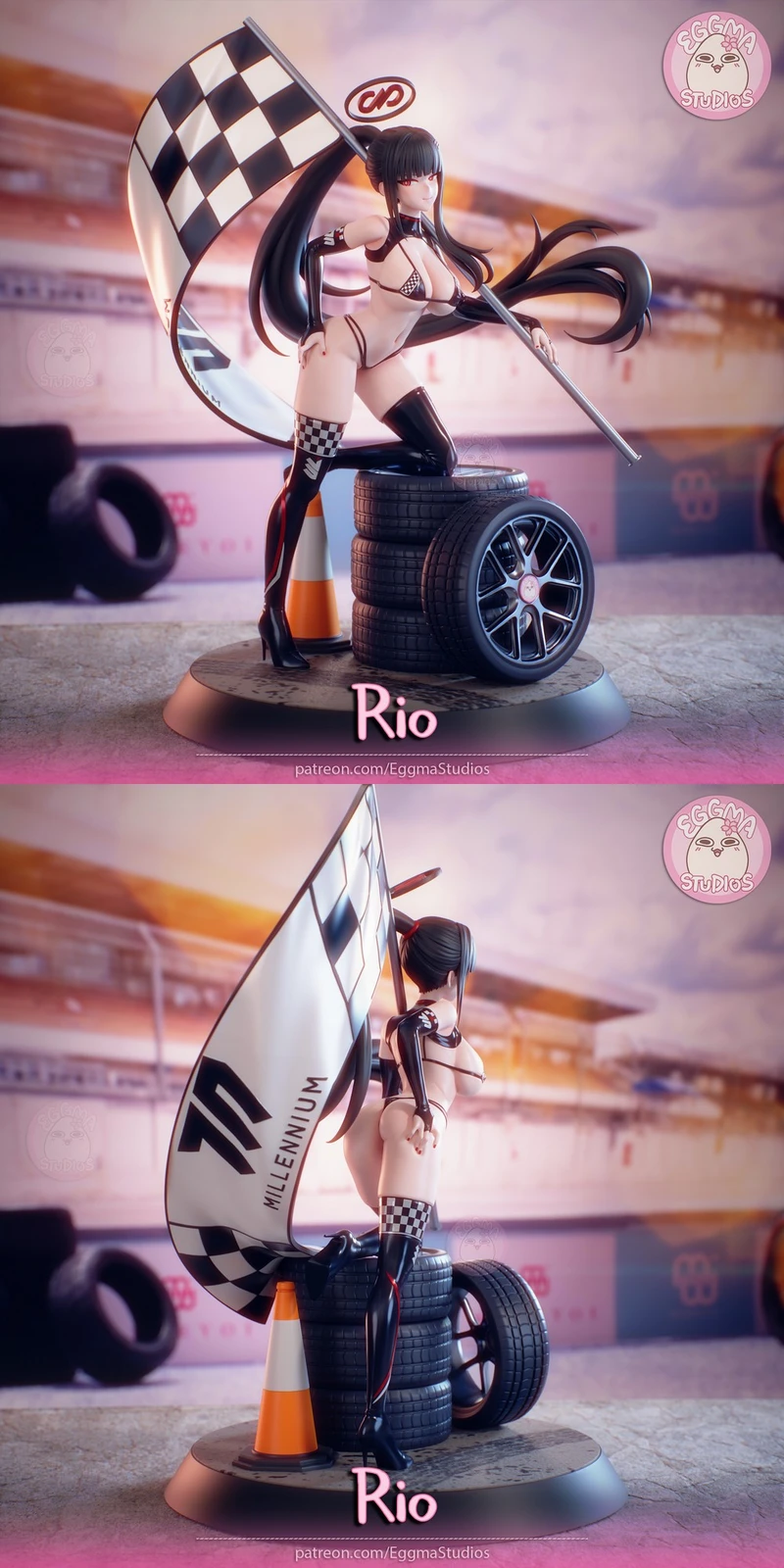 Racing Rio character figurine holding a checkered flag beside tires