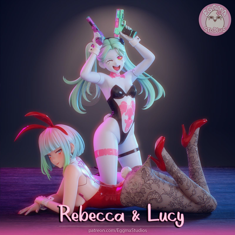 Rebecca from Cyberpunk: Edgerunners with twin pistols, turquoise hair, and a stylized anime figure pose